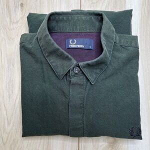 Fred Perry Long Sleeve Button Up Shirt Green Cotton Logo Mens Size Small